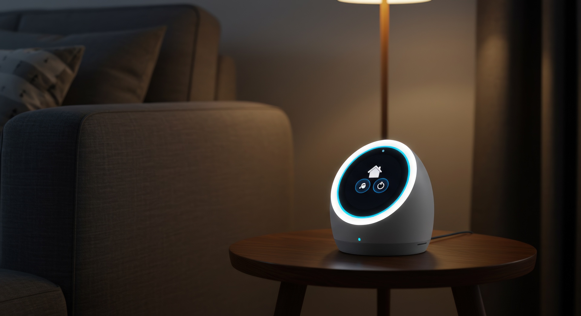 Smart home assistant device on table in living room at night