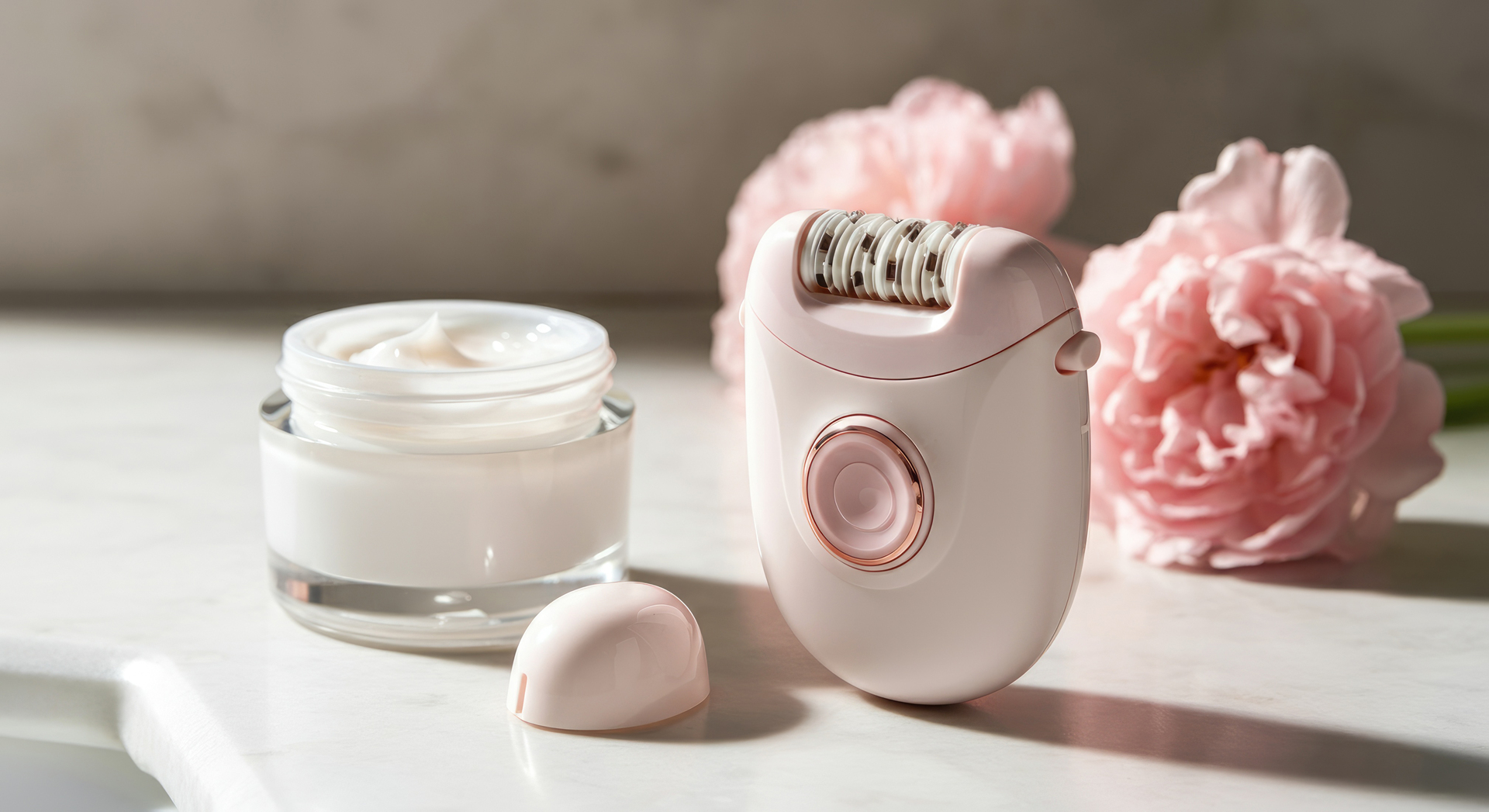 White epilator and face cream beside pink flowers on marble surface