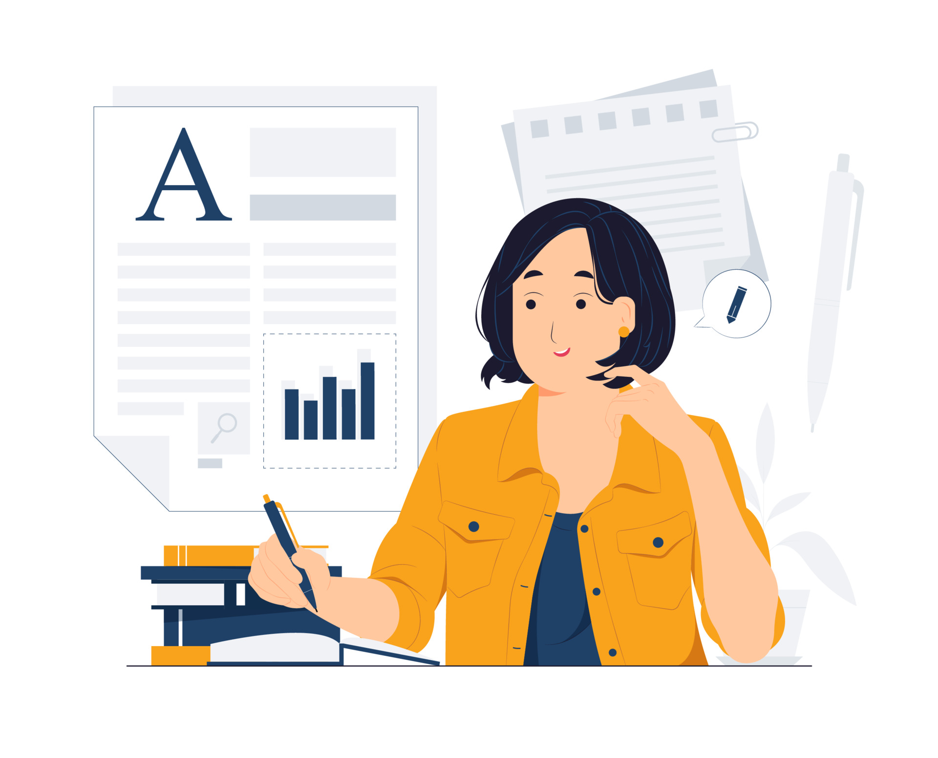 Content writing on paper sheet with hand holding a pen, writer, journalist, author, and copywriter concept illustration