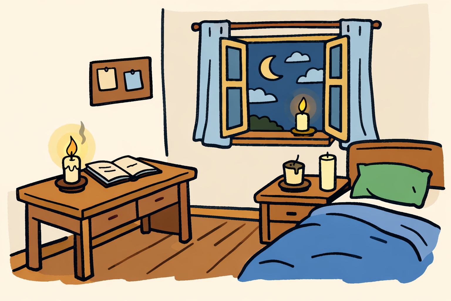 Cozy bedroom with candlelit ambiance